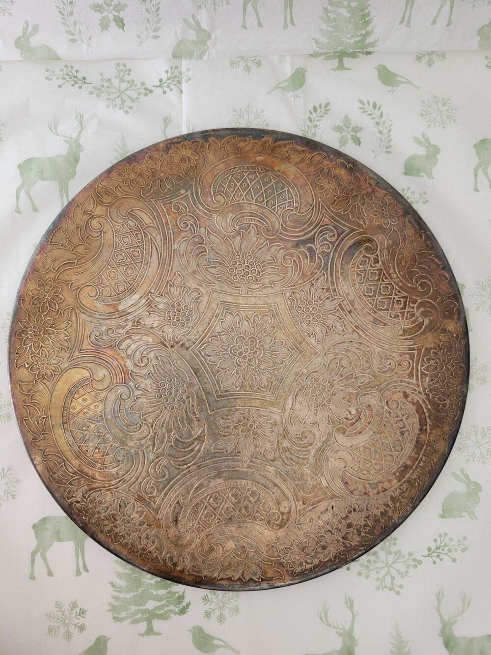 Made in England Vintage Round Embossed Tray Ornate Floral Boho Decor - Picture 5 of 9